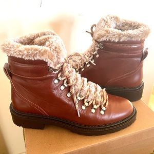 Zara Faux Fur Trimmed Lace Up Boots Brown Leather Size 9.5 (40)